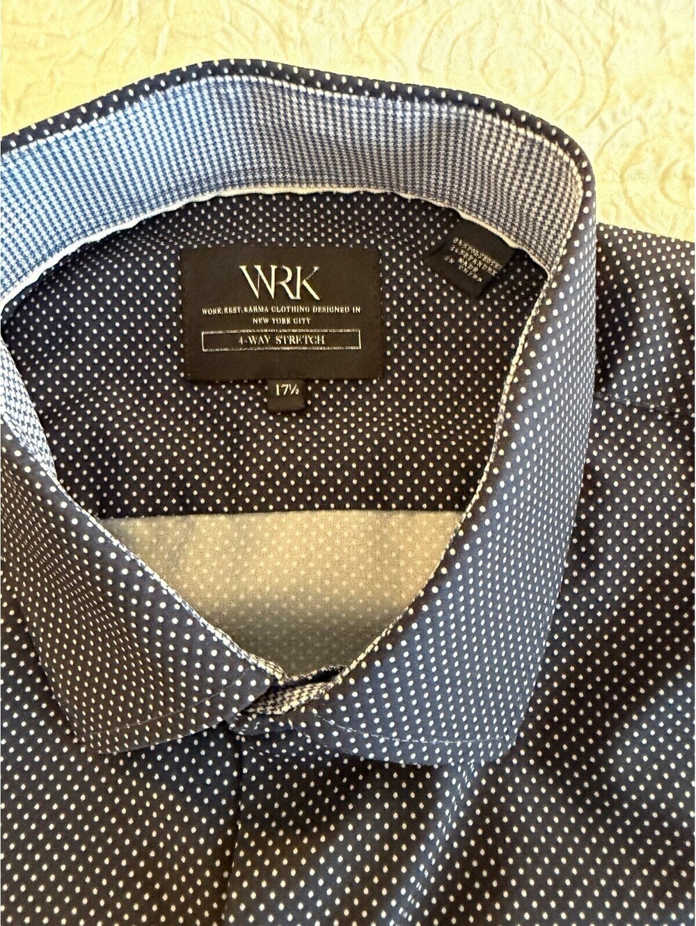 WRK Dress Shirt Men Size 17 1/2 Navy Long Sleeve 4 Way Stretch Button Up 17.5